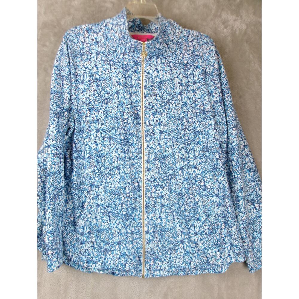 Lilly Pulitzer XXL Blue White Floral Full Zip Jacket Stretch Cotton Modal